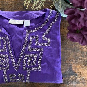 CHICO'S  Boho Long Sleeve 100% Linen Embelished Beaded Tunic Purple size 2